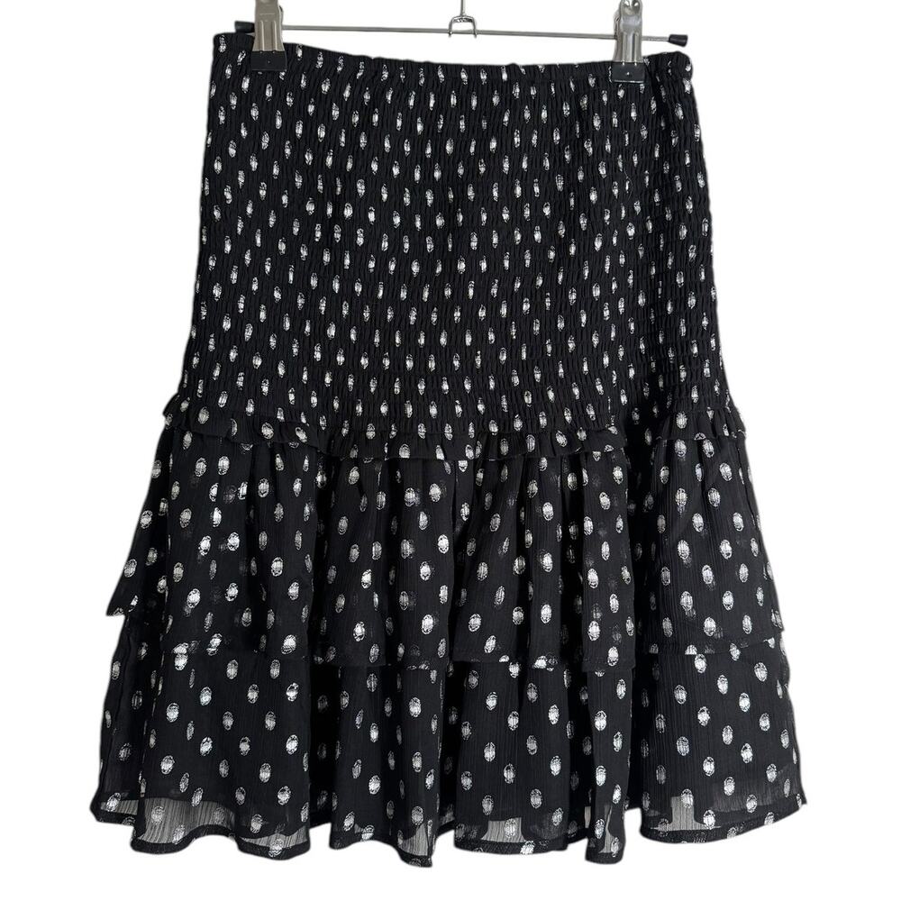 NWT Sen Black Smocked Drop Waist‎ Silver Dot Flounce Mini Skirt Small